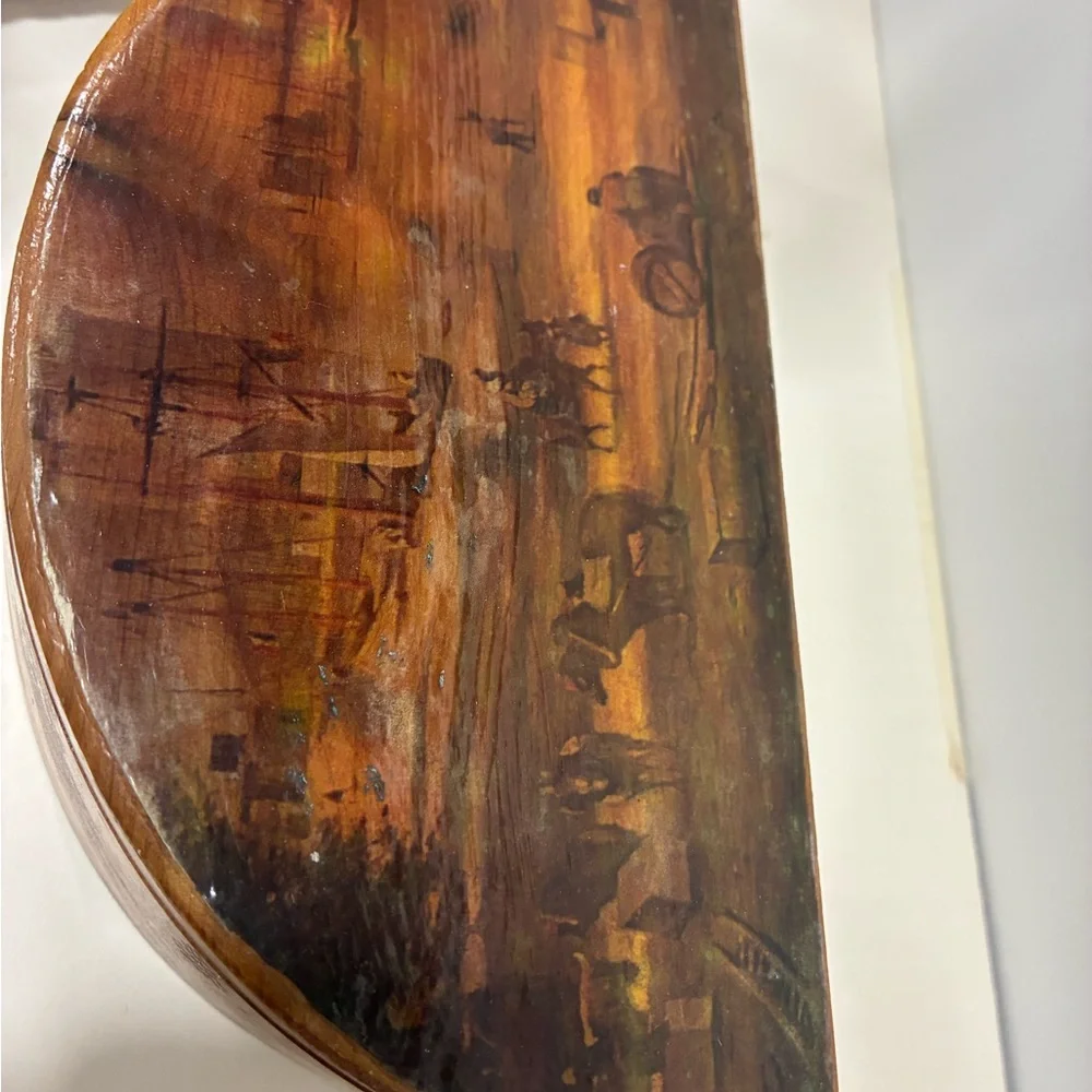 Italian Cedar Trinket Box with Old World Decopauge Scene Boats Port Cows Horses